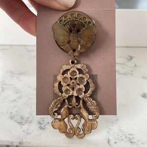 Jade butterfly with bone handcarved brooch pin!